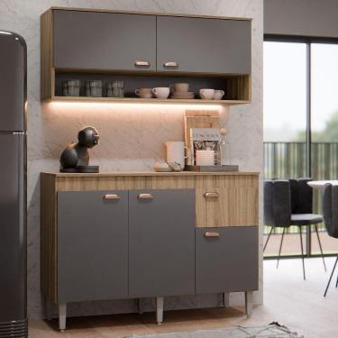 Imagem de Kit Armário De Cozinha Aéreo E Bancada Completo Com 5 Portas E 1 Gaveta Carvalho Grafite