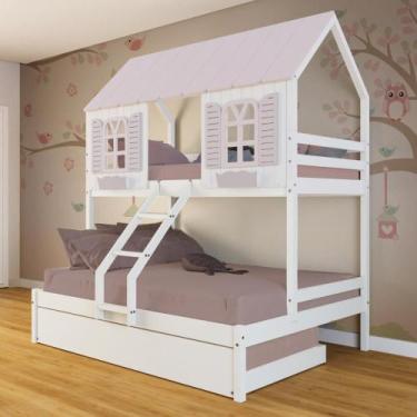 Imagem de Treliche Casal/ Solteiro Casinha Bela - Madeira Maciça Branco/Rosa  Me