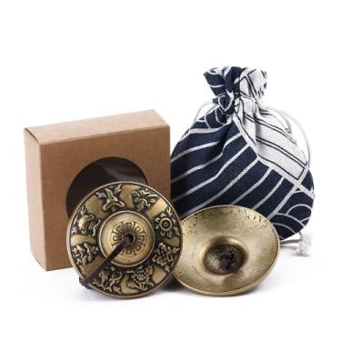 Imagem de Homelavie Pratos tibetanos Tingsha Sinos de meditação 6,3 cm, 8 símbolos da sorte, latão em relevo com caixa de presente, bolsa de pano com cordão para cura de som, ioga, instrumentos de meditação
