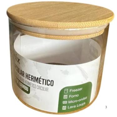 Imagem de Pote de Vidro Borossilicato Hermético com Tampa de Bambu, Circular, Transparente, 500ml, Vedação em Silicone, Multiuso para Armazenamento de Alimentos