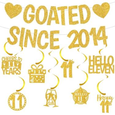 Imagem de Decorações de feliz aniversário de 11 anos para meninos - Funny Goated Since 2014 Banner Set with Hanging Swirls, Gold Glitter Cheers to 11 Years Birthday Party Supplies for Boy and Girl
