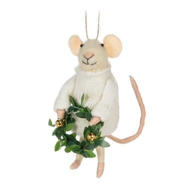 Imagem de Abbott Collection Mouse feito à mão com enfeite de guirlanda. Pacote com 1 - feltro de lã/styro, branco/verde (12,7 cm A)