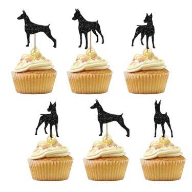 Imagem de Conjunto de 24 topos de cupcake Doberman, enfeites de cupcake de aniversário de cachorro, picaretas de cupcake de cachorro de estimação com glitter preto para crianças, artigos de festa temáticos