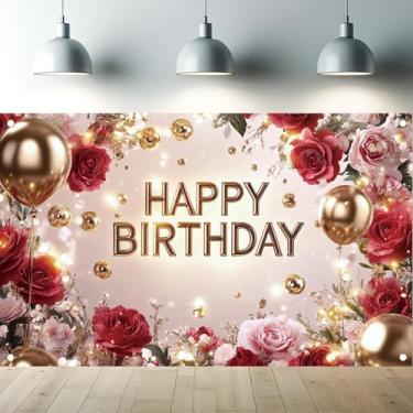 Imagem de Saoplasa Faixa de fundo vermelho e dourado para feliz aniversário rosa floral elegante fundo fotográfico rosas vermelhas e balões dourados decorações de festa de aniversário suprimentos para cabine de