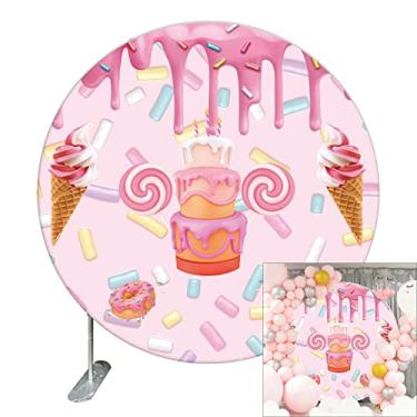Imagem de Renaiss Capa de fundo redonda rosa Candyland 2,2 m, bolo, doce, rosquinha, sorvete, sobremesa, círculo, pano de fundo para meninas, festa de aniversário, chá de bebê, tecido de poliéster