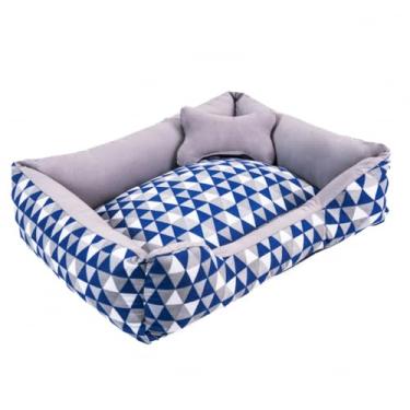 Imagem de Cama para Pet em Formato de Ninho - Conforto Seguro, Fundo Impermeável e Design Aconchegante para Cachorros e Gatos (Geométrico Marinho/Cinza)