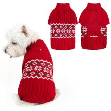 Imagem de PUPTECK Suéter para cães, suéter quente de gola rolê com orifício para trela, pulôver, padrão de floco de neve, roupas de inverno para animais de estimação, suéter de Natal para cães pequenos e médios