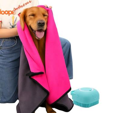 Imagem de Kit Pet Toalha de Banho Super Absorvente Com Dispenser De Shampoo Em Silicone Ideal Para Porte Grande (ROSA)