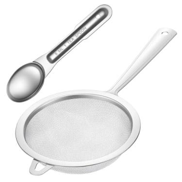 Imagem de Coador de malha fina de 8 cm com alça e colher de aço inoxidável 304 peneiras de aço inoxidável conjunto de 2 coadores de alimentos de malha fina de cozinha profissional e escumadeira quente para chá