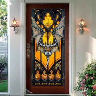 Imagem de HOMETITUTE Película decorativa para janela de privacidade com chama de morcego gótico para portas de vidro e janelas, painel de PVC de Halloween, 40,6 x 99 cm, decoração interna de casa de banho