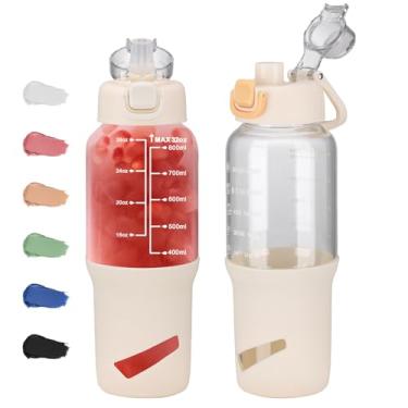 Imagem de SIEROZUR Garrafas de água de vidro de 946 ml com batedor de bola, coqueteleira para misturas de proteína, copo de vidro à prova de vazamento com 2 tampas e sem BPA, liquidificador para fitness, branco