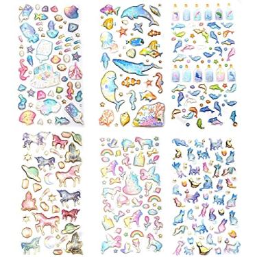 Imagem de Adesivos 3D, mais de 300 adesivos fofos, 6 folhas diferentes, adesivos epóxi para diários de scrapbook, incluindo gatos, golfinhos, concha, cavalo-marinho, água-viva, garrafa à deriva