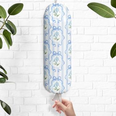 Imagem de Suporte de saco de plástico floral azul aquarela, suporte de saco de compras com laço listrado azul para sacolas de plástico, dispensador de armazenamento reutilizável para casa, cozinha, carro