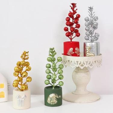 Imagem de Mini enfeite de árvore de prata de Natal com base de cimento de 15 cm, bolas prateadas brilhantes e detalhes de bota dourada, decoração de mesa para casa, escritório, festa, cornija, prateleira