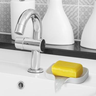 Imagem de Pacote com 2 saboneteiras de silicone, organizador de pia de banheiro e cozinha, suporte de esponja, bandeja de sabonete, perfeito para dispensador, esfregão, garrafa, copo na pia ou balcão (branco, 2