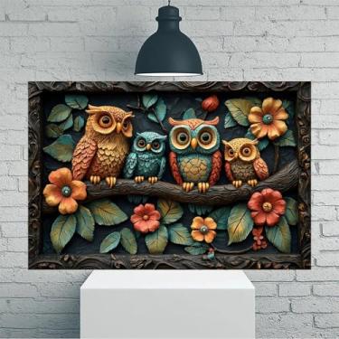 Imagem de Corujas empoleiradas no galho com flores arte de parede em tela rústica vintage - Pôster sem moldura de 30 x 45 cm - Decoração de casa e escritório para sala de estar, quarto, cozinha e café