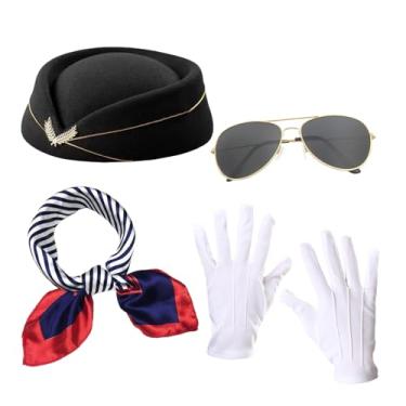 Imagem de hhdatc Conjunto de fantasia feminina de aeromoça, acessórios de aeromoça com chapéu, cachecol, óculos de sol e luvas, Preto, One Size
