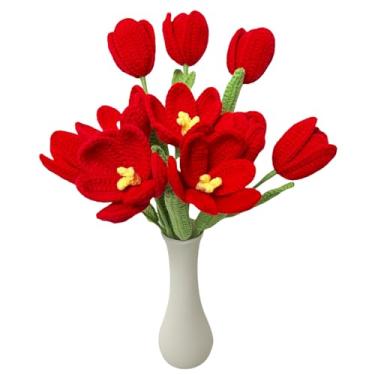 Imagem de YOFANUP Flores de crochê tulipas, tulipas de crochê feitas à mão, decoração de casa de tulipa artificial, comprimento 38 cm, flor de malha nunca murcha, flores para mãe, filha, esposa, professor