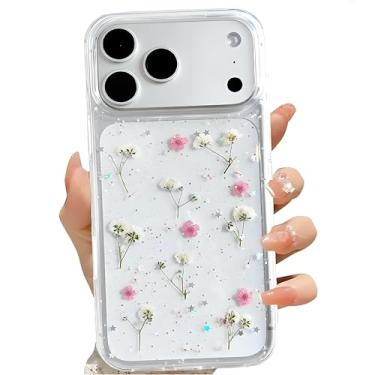 Imagem de Ykybhx Capa com flor seca transparente brilhante com glitter compatível com iPhone 17 Pro, flor prensada real seca fofa TPU e PC à prova de choque para meninas mulheres capa de telefone de borracha