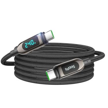 Imagem de SOOPII Cabo USB C para USB C de 240 W, 3 m, carregamento rápido, cabo trançado de nylon com tela LED para iPhone 17/17 Pro/16 Plus/15 Pro Max, lPad Air, MacBook Pro, Galaxy S25/S24, Pixel, LG (preto)