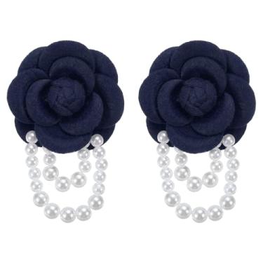 Imagem de Generic Broches de flor de camélia, 2 peças elegantes broches de borla de pérolas florais pulseira de uso duplo para mulheres, terno, chapéu, camisa, corpete, azul marinho