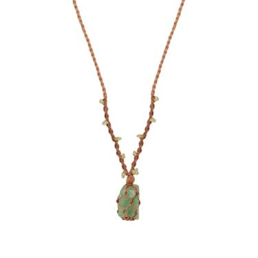 Imagem de MINACHI Colar de macramê Boho com pedra aventurina verde, pingente de corda ajustável feito à mão, joia hippie vintage para mulheres