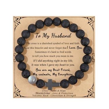 Imagem de Pulseiras inspiradoras de aniversário e Natal Dia dos Namorados para ele, filho, neto, pedra da lua, pedra da lua, pedra vulcânica, Stretchable(7.3''-9''), Pedra, Sem Pedra Preciosa