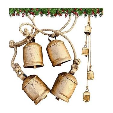 Imagem de Estilo rústico 4 sinos agrupados feitos à mão harmonia de metal sinos de vaca pendurados em corda de juta – Mini sinos decorativos de fazenda vintage para porta, parede ou decoração de casa de férias