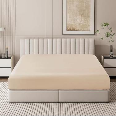 Imagem de Lençol Queen com elástico 100% algodão egípcio, 600 fios, lençol de baixo de cetim com bolso profundo de 20,3 a 40,6 cm, macio, respirável, confortável e qualidade de hotel (Queen, bege)