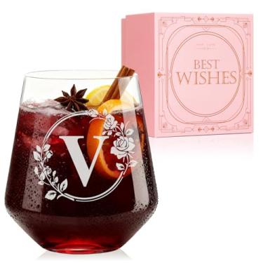 Imagem de Taça de vinho personalizada sem haste – Copos iniciais monogramas gravados personalizados, chá de panela, aniversário, casamento ou presente de noivado para mulheres Her-V
