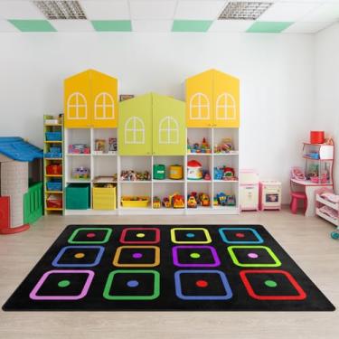 Imagem de Tapetes para sala de aula, tapete infantil de 1,5 x 1,8 m com suporte de borracha, quadrados coloridos e pontos para sala de aula, tapete para berçário, sala de jogos pré-escolar, 12 lugares