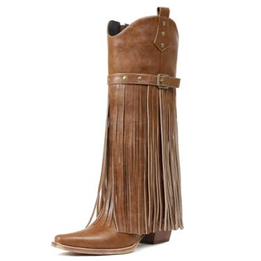 Imagem de Cozivwaiy Bota feminina com franja na altura do joelho, salto médio, caubói com franjas, couro sintético country, salto grosso, Marrom, 40