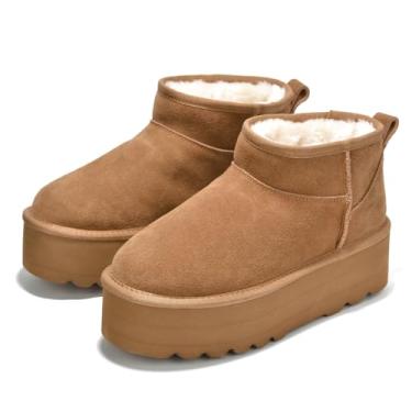 Imagem de Project Cloud Feminino Mini Botas de Plataforma para – Bota de Tornozelo Forrada de Pele de Camurça Genuína Plataforma Aconchegante, Palmilha de Espuma Viscoelástica – Botas de Inverno Antiderrapantes – Botas de Neve Clássicas Internas e Externas (Huggy, Castanha, 10)