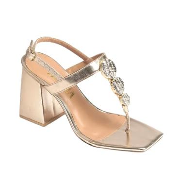 Imagem de Sandália Feminina Elegante, Salto Alto Quadrado Dourado, Tiras com Fivela, Peito do Pé com Enfeite Brilhante, Verão Moderna, Dedo (Dourada, BR, Adulto, Numérico, 37)