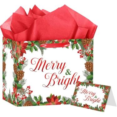 Imagem de HSKMAKE Saco de presente de Natal branco, grande bolsa de presente de Natal com cartão e papel de seda, saco de papel de festa de Natal para meninos, meninas, adultos, chá de bebê, suprimentos de