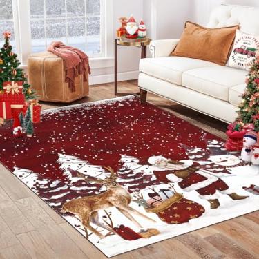 Imagem de GarveeHome Tapete de Natal, 15 x 23 cm, lavável à máquina, tapete de Papai Noel para sala de estar, antiderrapante, macio, de lã sintética, para quarto, tapete vermelho para sala de jantar, cozinha