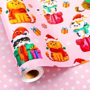 Imagem de MAYPLUSS Rolo de papel de embrulho de Natal - 43 cm x 80 metros - chapéu de Natal rosa fofo gato reversível papel de embrulho de bolinhas, papel de embrulho grosso para festas de fim de ano, crianças