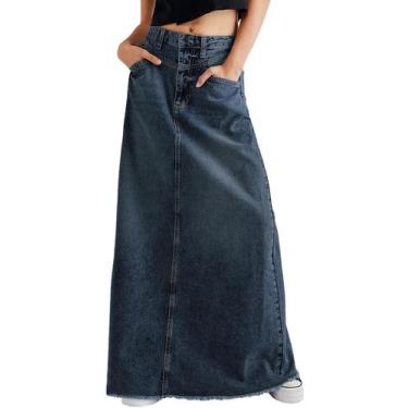 Imagem de Saia jeans maxi chouyatou vintage em linha A, cintura alta desgastada