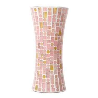 Imagem de Adedeo Vaso de flores de vidro mosaico para decoração de casa, vasos de vidro grandes feitos à mão para sala de estar, cozinha, casamento, escritório (rosa dourado, 12 x 11,8 polegadas)