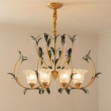 Imagem de Lustre Pastoral Francês com Flores Americanas - Luminária Pendente Decorativa LED para Sala de Estar, Restaurante, Quarto, Villa, Café, Loja de Roupas e Casa (G 8 Lâmpadas)