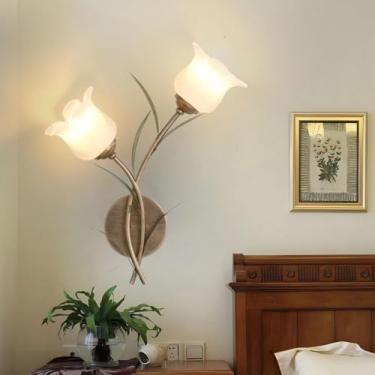 Imagem de Luminária de parede LED americana em formato de flor, estilo pastoral francês, criativa, para sala de estar, quarto, corredor, casa de campo (1 peça com 2 lâmpadas)