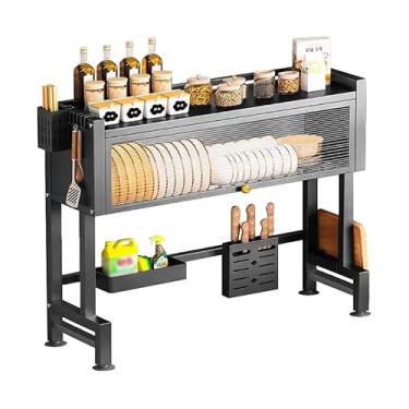 Imagem de Escorredor De Louça Pratos Organizador De Pia Cozinha, Escorredor Louças Cozinha com Porta, Antiferrugem, Montagem Sem Furação， Suporte para Talheres, Copos, Tábuas, Facas (Preto, 85cm)