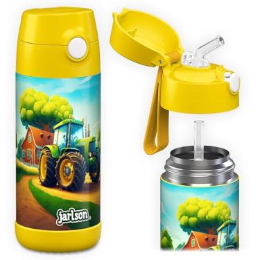 Imagem de Jarlson Charli Garrafa infantil de aço inoxidável com canudo – Frasco térmico de 350 ml – Testado TÜV – Livre de BPA – à prova de vazamento – Garrafa de água térmica para escola, berçário (trator 'Neo