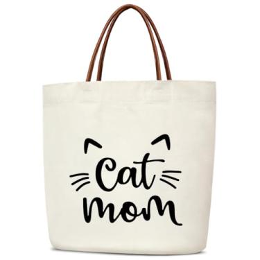Imagem de mermermu Bolsa feminina de lona Cat Mom, presente de aniversário de Natal para amantes de gatos, sacolas de compras de supermercado reutilizáveis estéticas com alças de couro, bolsa de ombro dobrável