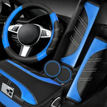 Imagem de NBTEPEM Conjunto de 6 peças de acessórios de carro azul, capa de volante de couro esportivo universal de 36,8-38 cm, capa de console central de carro de couro de microfibra, almofada de cinto de