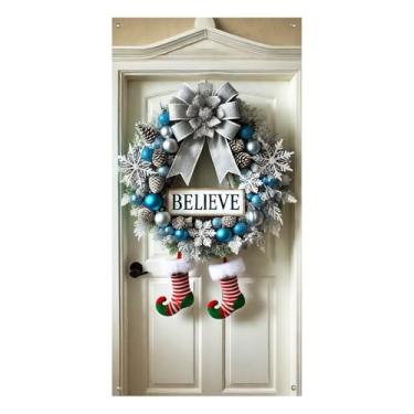 Imagem de BlissYard Capa para porta Merry Christmas, 89 x 188 cm, banners de porta de varanda para decoração de inverno, guirlanda de prata Believe com ornamentos azuis, pinhas e meias de elfo para decoração