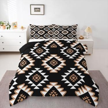Imagem de jejeloiu Conjunto de edredom asteca ocidental, tamanho queen, sudoeste, para crianças, meninos, meninas, nativo americano, étnico, geométrico, decoração de quarto de microfibra, 3 peças com 2 fronhas