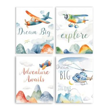 Imagem de Frimeeme Impressões de arte de parede para berçário de aviação em aquarela - 20 x 25 cm, conjunto de 4 sem moldura, decoração de avião e montanha da floresta para berçário de bebês