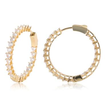 Imagem de JMLOON Brincos de argola de zircônia cúbica folheados a ouro 14K do avesso redondo com corte quadrado CZ para mulheres, 35mm, Latão, Zircônia cúbica