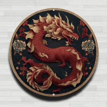 Imagem de Dragão carmesim enrolado em meio a motivos florais vintage rústico alumínio metal redondo placa de parede, sem relógio real, presentes internos e externos de 20 cm e decoração para casa, escritório